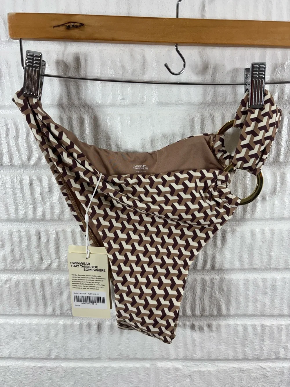 Monday Swimwear Brown White Geo-Print Bikini Bottom with Gold Rings
